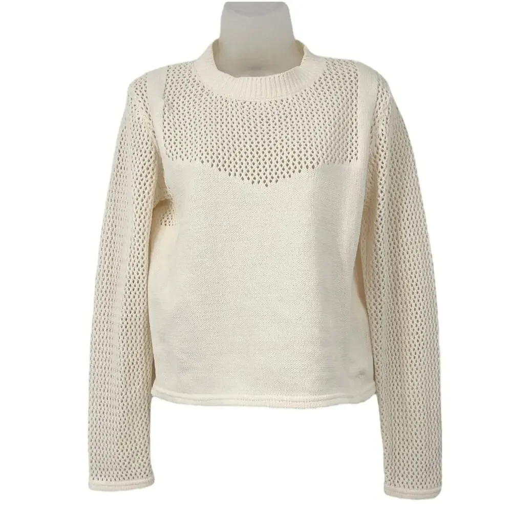 ZARA Cream Open Knit Sweater Large NWT Crochet Mesh Long Sleeve Pullover Top - Picture 3 of 9